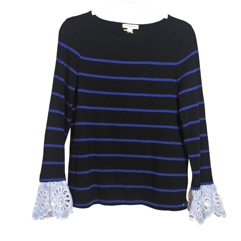 Beach Lunch Lounge Black and Blue Striped Top with Small Eyelet Cuffs Size S